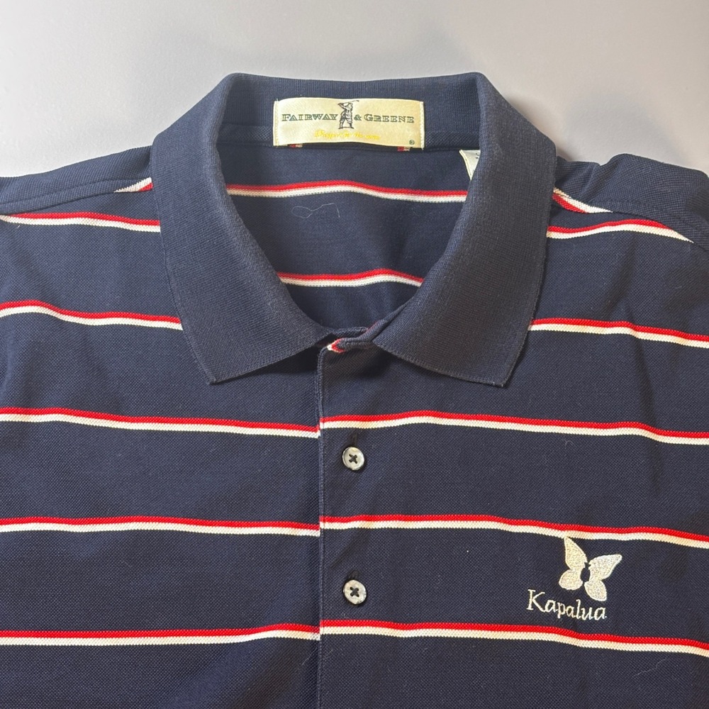 Fairway & Greene Kapalua Golf Polo Shirt Mens Large Navy Blue‎ Red White Striped